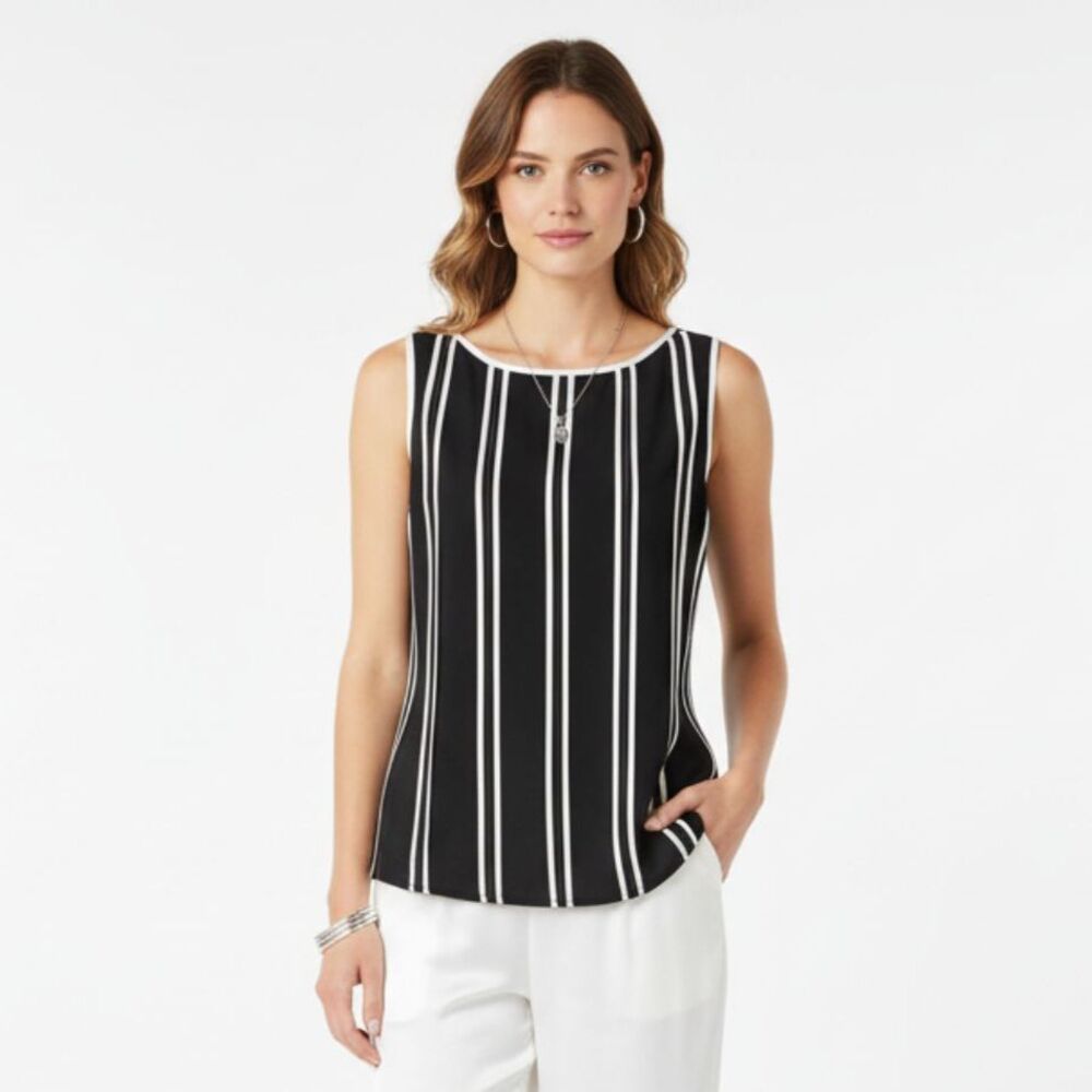 Sandra Darren Black & White Satin Striped Sleeveless Tank Top Blouse 12